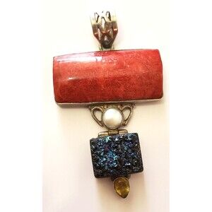 Sterling Silver Pendant Necklace Charm Artisan Handmade Red Natural Stone Drusy